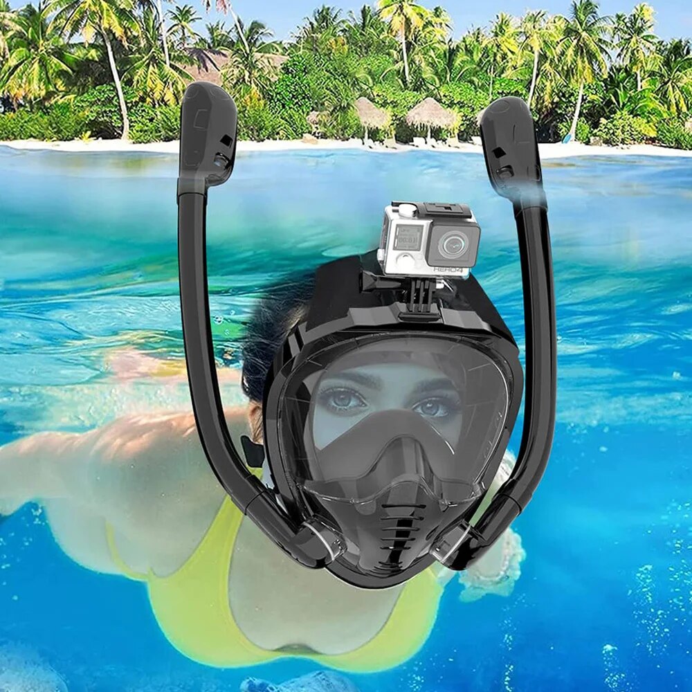 Snorkel Mask Full Face - フルフェイスシリコンシュノーケルマスク、360 ° パノラマビュー、ドライトップ、シュノーケリング、ダイビングスイミングゴーグル、防曇、アンチレラ、2シュノーケル