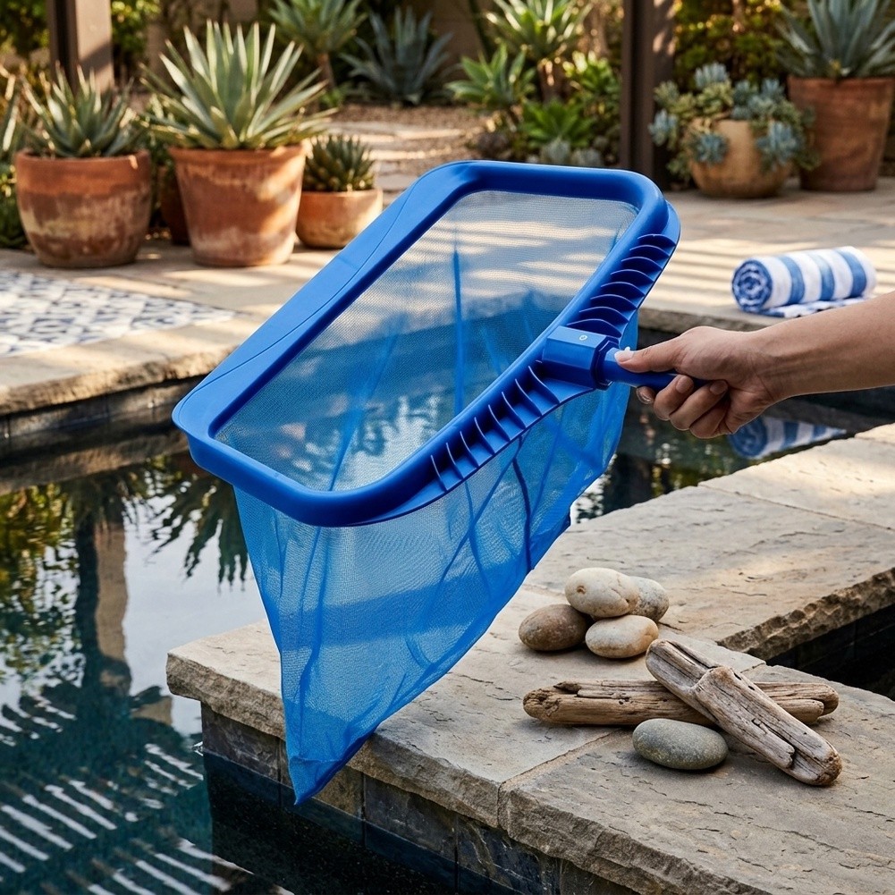 Pool Skimmer Net - プロ仕様プールネットセット 深底と平らなリーフスキマー付きでゴミ除去が簡単 - ABS素材 ブルー 2ピース